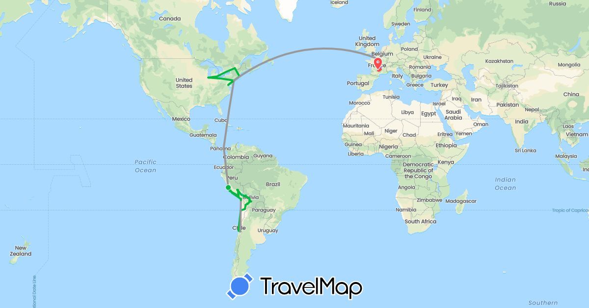 TravelMap itinerary: driving, bus, plane, train, hiking, boat in Bolivia, Canada, Chile, France, Panama, Peru, United States (Europe, North America, South America)